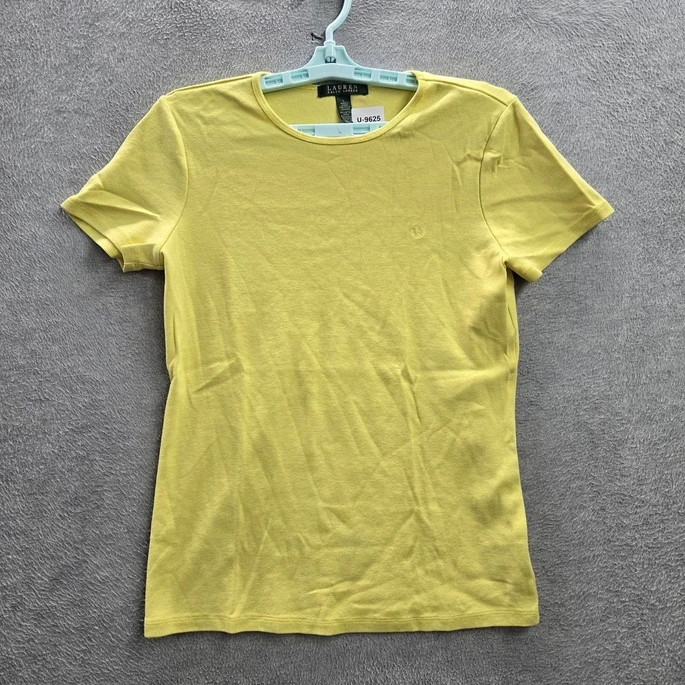 Lauren Ralph Women Shirt L Yellow Small Chest Logo Embroidery Crew‎ Neck